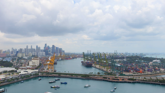 Singapore cargo terminal port, arial view from cabel car at Singapore