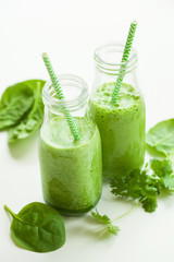 healthy green spinach smoothie with cilantro lime banana ginger