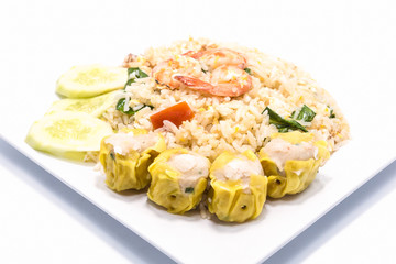 Fried rice with shrimp and dimsum on white background.