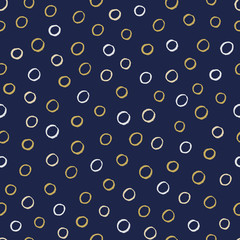 Seamless modern dark blue vector doodle circle texture, dry brush ink art.