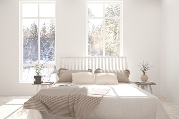 White bedroom with winter landscape in window. Scandinavian interior design. 3D illustration