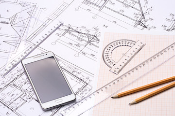 Workplace of architect. Architectural design, graph paper, drawings, simple pencil,  transparent...