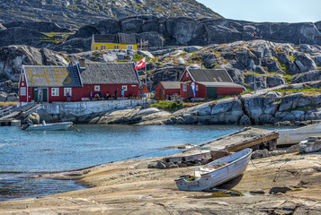 A view of the inner Bay with the port in the village of Quaatsut. Midsummer Night. West Greenland - 144881034