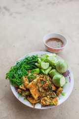 Fried mackerel with shrimp paste sauce with vegetable and egg