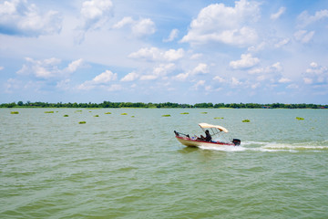 Speed boat on the river in summer day with clear blue sky