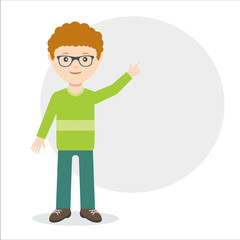 Young guy pointing with finger idea vector flat design