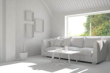 White room with sofa and green landscape in window. Scandinavian interior design. 3D illustration