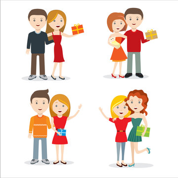 Young people with gift flat style design vector