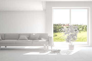 White room with sofa and green landscape in window. Scandinavian interior design. 3D illustration