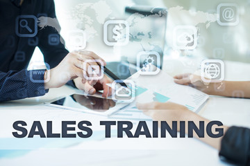 Fototapeta na wymiar sales training on virtual screen. Business, technology and internet concept.