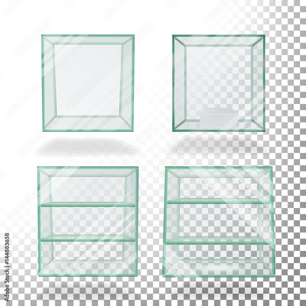 Poster empty transparent glass box cube set vector. for exhibition and presentation.