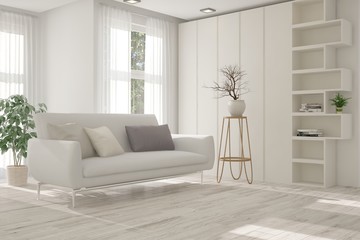 White modern room with sofa. Scandinavian interior design. 3D illustration