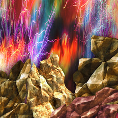 Dynamic background with cracked rocks and dramatic sky. Volcano with flames and rays. Red, blue, green and blue glowing background with stones