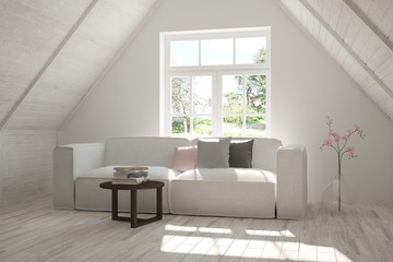 Naklejka na ściany i meble White room with sofa and green landscape in window. Scandinavian interior design. 3D illustration