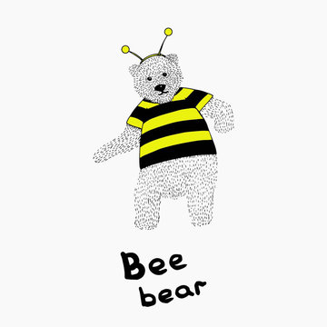 Hand drawn dancing bear in bee costume. Vector sketch illustration