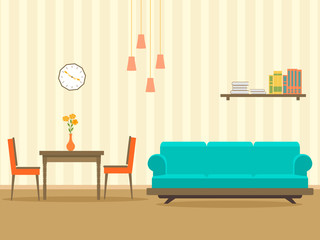 Interior design in flat style of living room with furniture, sofa, , table, bookshelf, flower, lamp and clock.