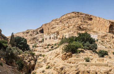 Panoramic view of St George Orthodox Monastery, located in Wadi Qelt, Israel