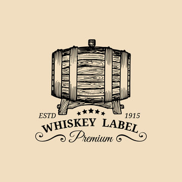 Whiskey Logo. Vector Sign With Wooden Barrel. Typographic Label, Badge With Hand Sketched Keg For Restaurant, Bar Menu.