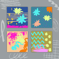 Set of Square Cards with Hand Drawn Colorful Paints