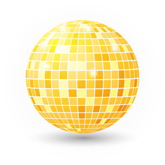 Disco ball isolated illustration. Night Club party light element. Bright mirror golden ball design for disco dance club.