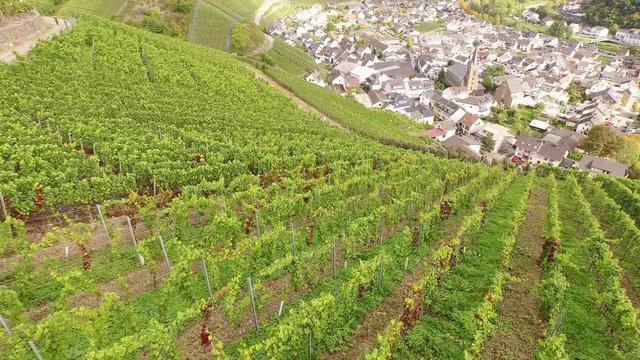 Aerial of a village (Dernau) in a winegrowing area in germany at the river Ahr
