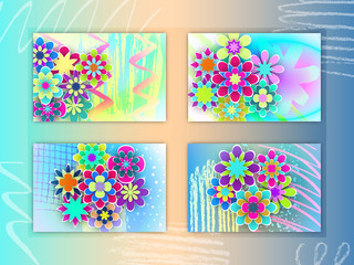 Set of Rectangular Cards with Colorful Paper Flowers