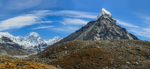 Panorama of the Mount Everest, Lhotse, and Chola peaks in the area of Cho Oyu - Gokyo region,...