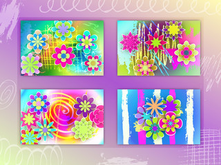 Set of Rectangular Cards with Colorful Paper Flowers