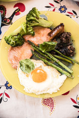 Huevo frito con moricllas y chorizo