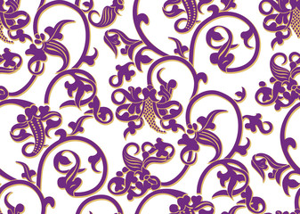 Seamless vector vintage pattern in purple and yellow ochre color on white background