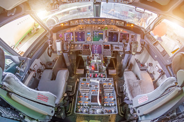 Aircraft cockpit view on the control panel