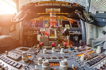 Aircraft cockpit view on the control panel - obrazy, fototapety, plakaty