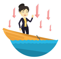 Business woman standing in sinking boat.