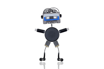 the robot is made of audio tapes and multiple gadgets isolated on white background standing with their hands up