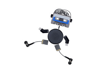 the robot consists of audiotapes and multiple gadgets isolated on white background, runs forward