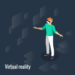 A young man stands in glasses for virtual reality on an abstract background