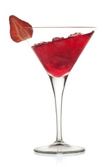Red alcoholic cocktail with leaning liquid and a strawberry 
