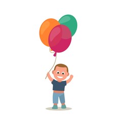 Obraz na płótnie Canvas Little boy holding colorful balloon. Vector flat color illustration isolated