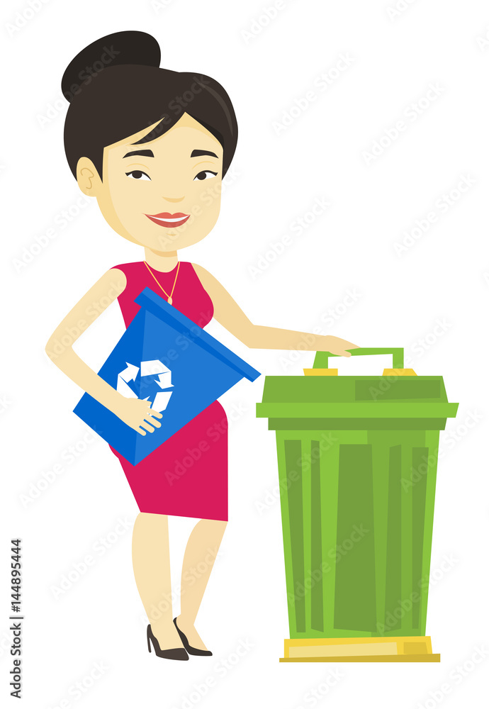 Wall mural woman with recycle bin and trash can.