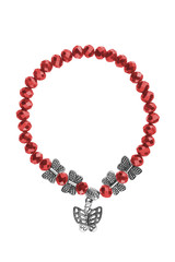 Elastic bracelet with red irregular beads and silver butterflies charms, isolated on white background, clipping path included.