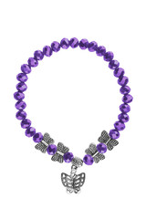Elastic bracelet with mauve irregular beads and silver butterflies charms, isolated on white background, clipping path included.