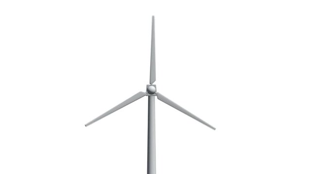 Seamless looping animation of wind turbine spinning. 3D render footage in FullHD with alpha matte