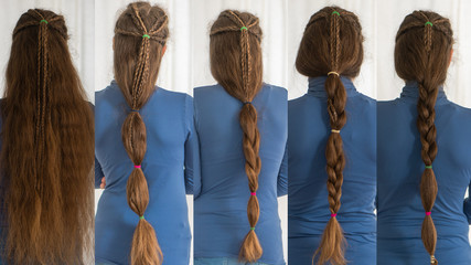 Renaissance hairstyles for long hair. Collection of traditional plait styles modelled by girl with very long golden hair