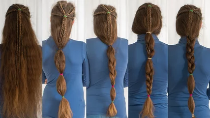 Photo sur Plexiglas Salon de coiffure Renaissance hairstyles for long hair. Collection of traditional plait styles modelled by girl with very long golden hair