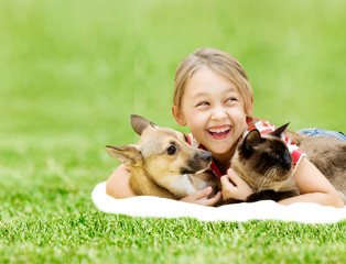 girl with a dog and a cat