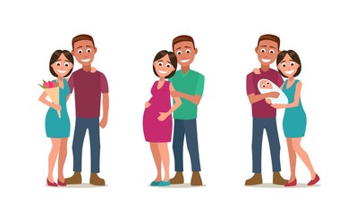 Stages of creating family. Love, pregnancy, birth. Couple and child.