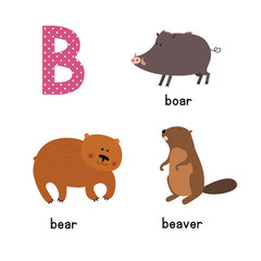 Cute zoo alphabet in vector.B letter. Funny cartoon animals: Bear, Beaver, boar.