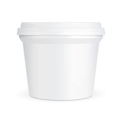 White Food Plastic Tub Bucket Container For Dessert, Yogurt, Ice Cream, Sour Cream Or Snack. Illustration Isolated On White Background. Mock Up Template. Product Packing Vector