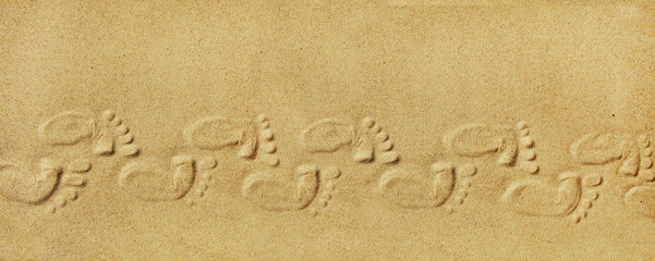 Cute baby footsteps on sandy beach with space for text or desighn