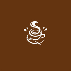 Isolated brown color cup in retro style logo, logotype for coffee shop vector illustration on brown background.